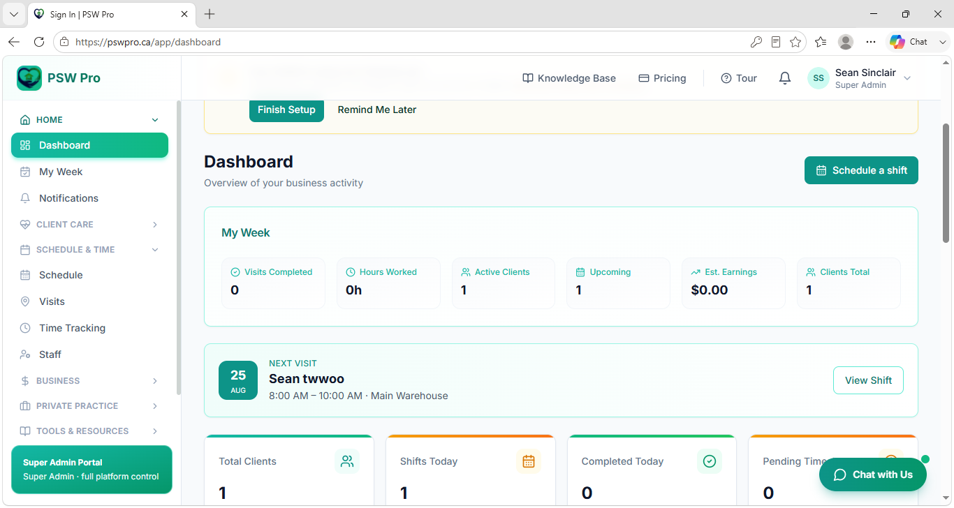 PSWPro care management dashboard for Canadian PSWs